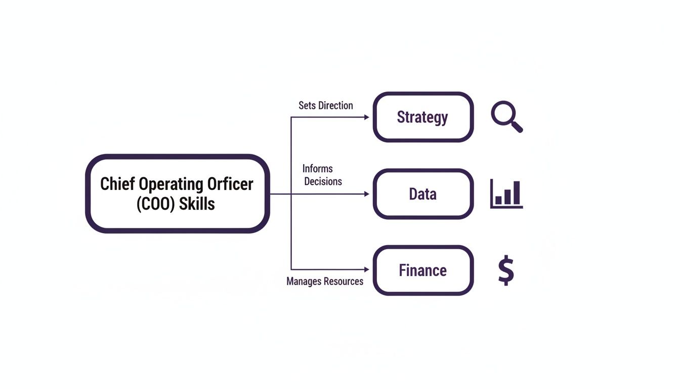 Diagram illustrating Chief Operating Officer (COO) skills: Strategy, Data, and Finance, with their respective functions.