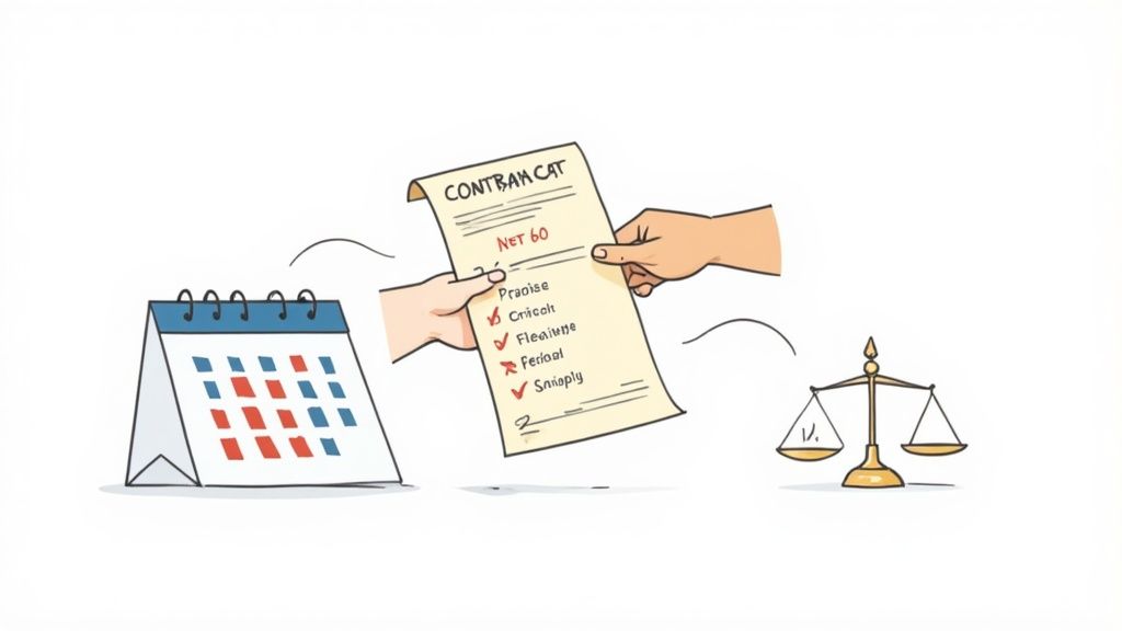 A calendar, a document with 'NET 60' being exchanged, and a scale of justice, representing financial terms and agreements.