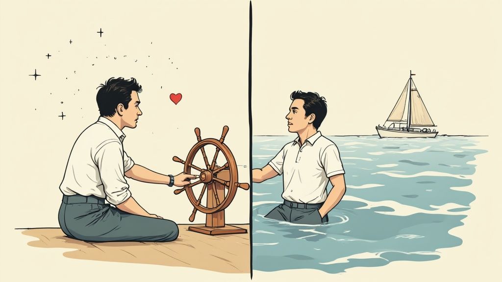 A team of business professionals analyzing data charts and graphs on a digital screen.