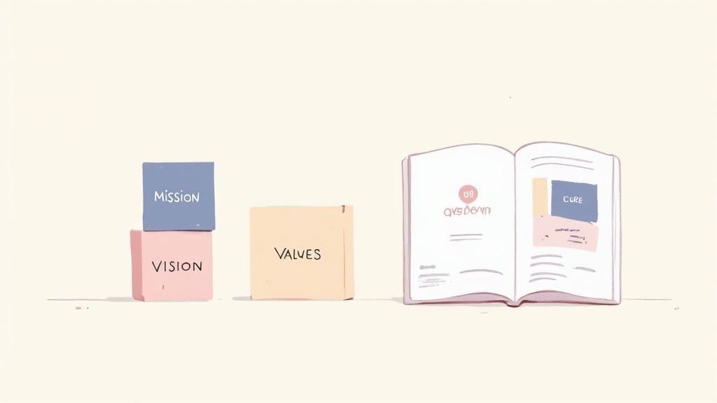Illustration of building blocks labeled Mission, Vision, Values, and an open book.
