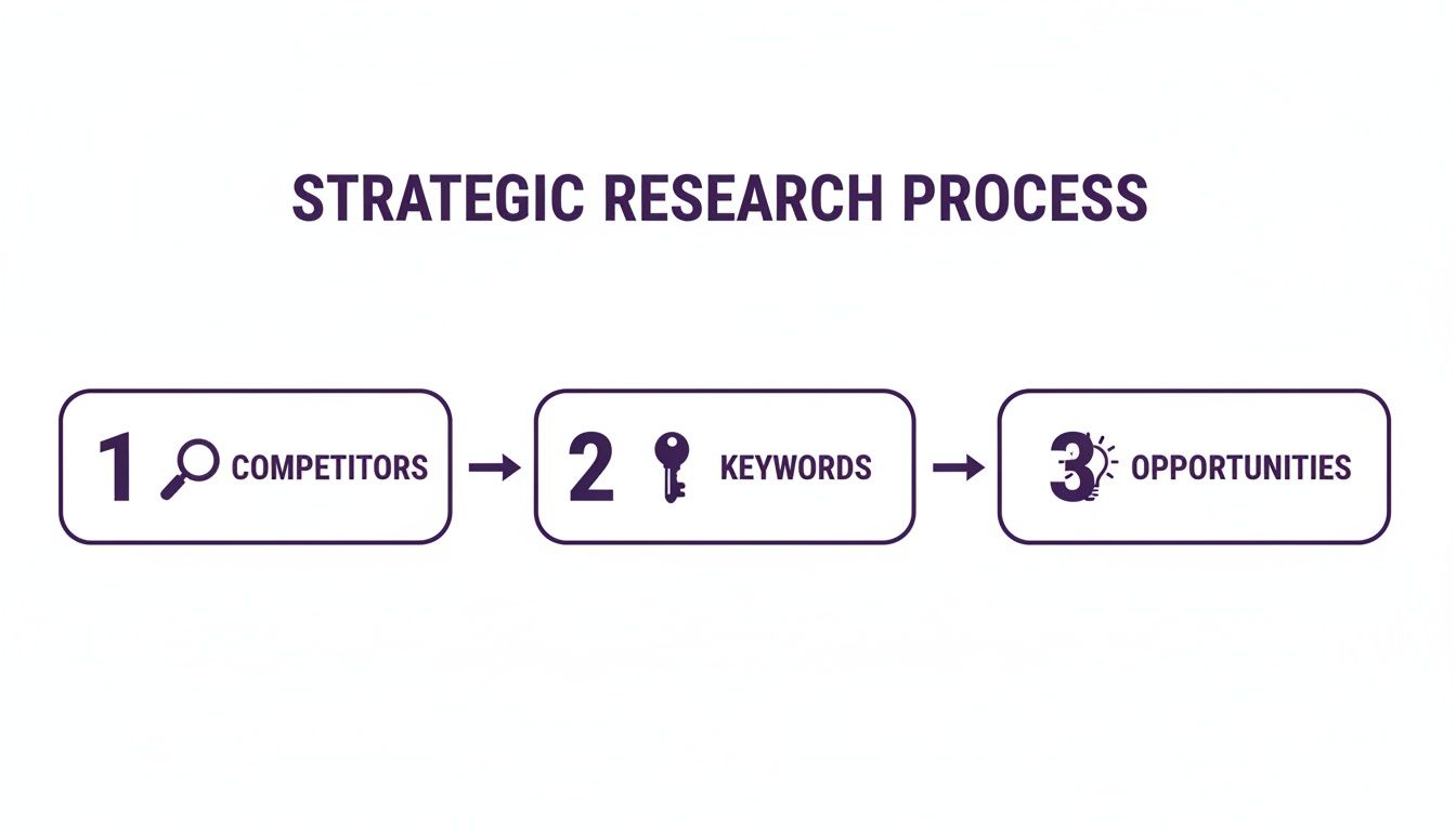 Three-step strategic research process with competitors, keywords, and opportunities icons.