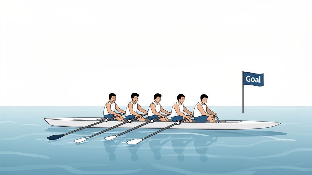 A team of five rowers working in sync towards a finish line marked by a 'Goal' flag.