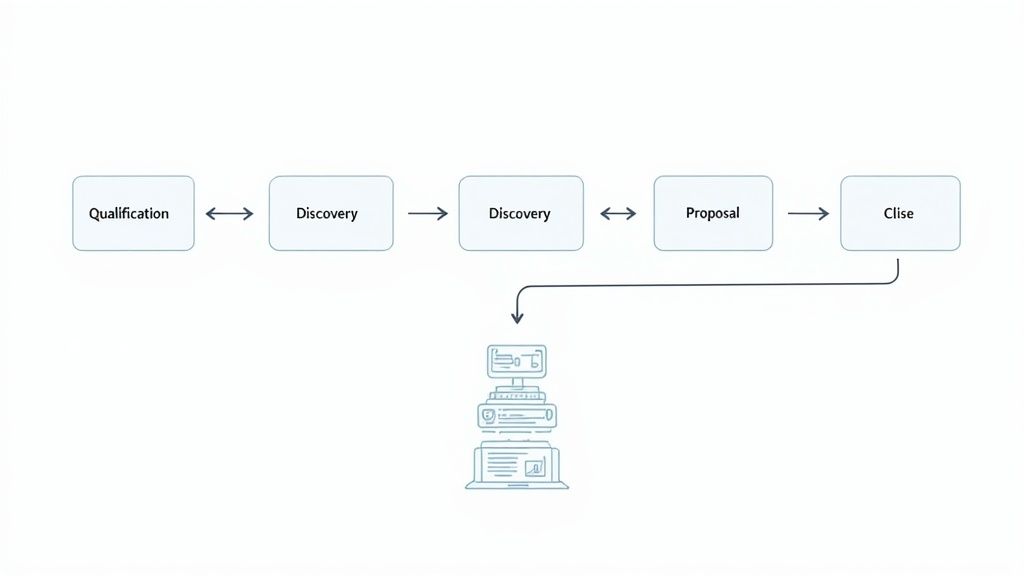 A close-up of a sales dashboard on a tablet, showing pipeline stages and key metrics, with a person's hand pointing at the screen.