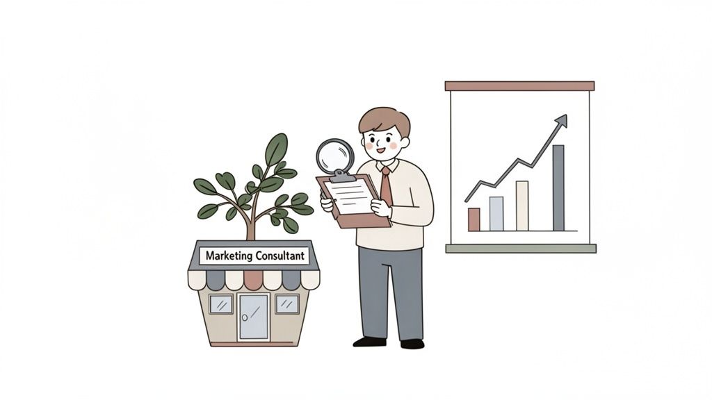 A marketing consultant reviews plans with a magnifying glass, symbolizing business growth and success.