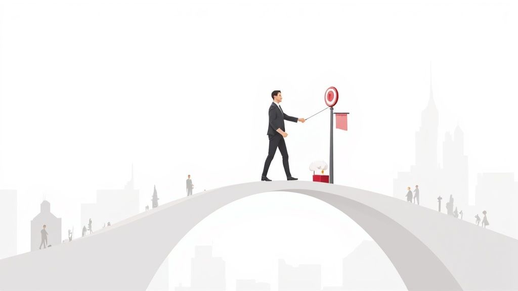 Businessman walking upward toward target goal on curved path with cityscape background
