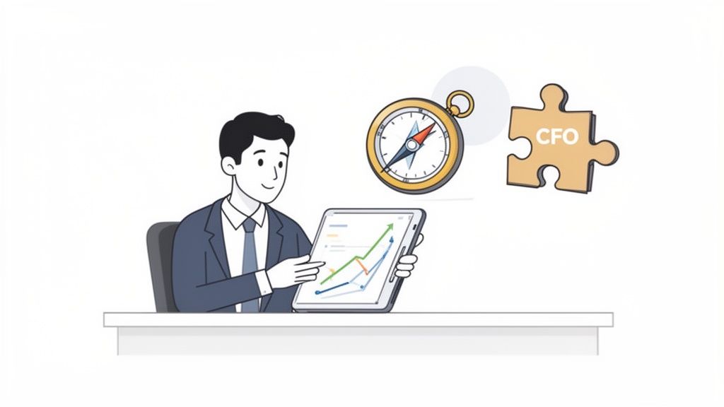 A man in a suit analyzes a financial graph on a tablet, with a compass and a CFO puzzle piece.
