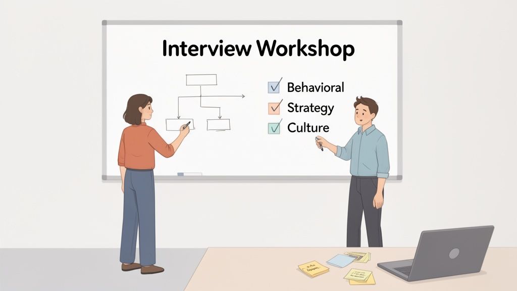 Two people conducting an 'Interview Workshop' in front of a whiteboard, discussing behavioral, strategy, and culture.