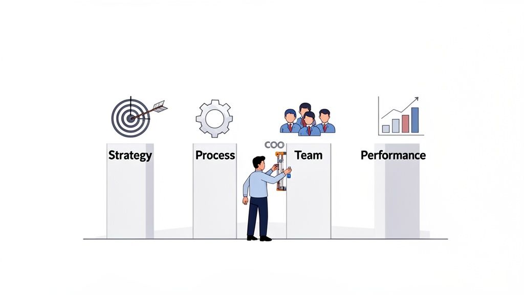 An illustration showing a COO adjusting connections between strategy, process, team, and performance pillars.