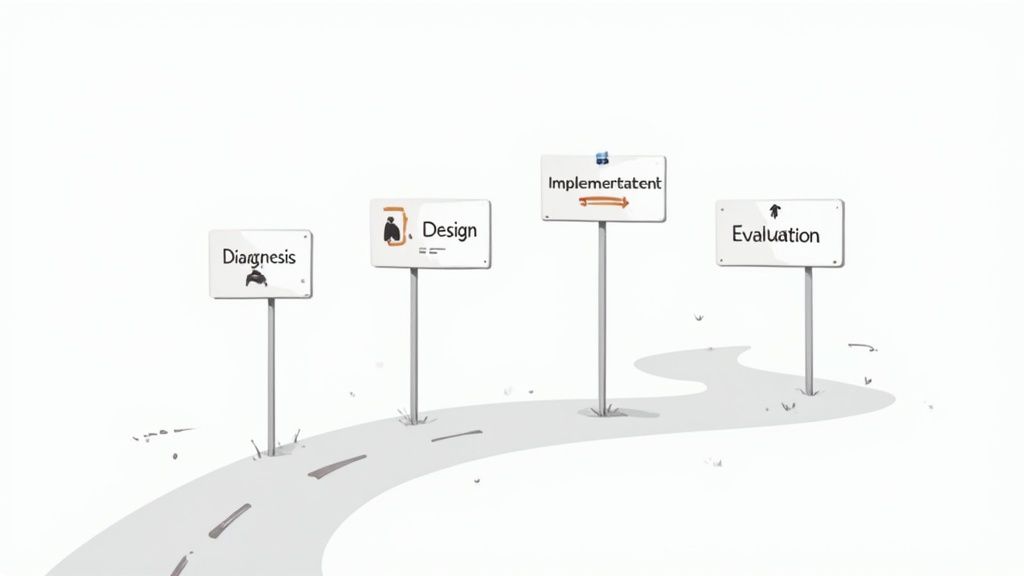A team works together, mapping out a new organizational structure on a whiteboard with sticky notes and diagrams.