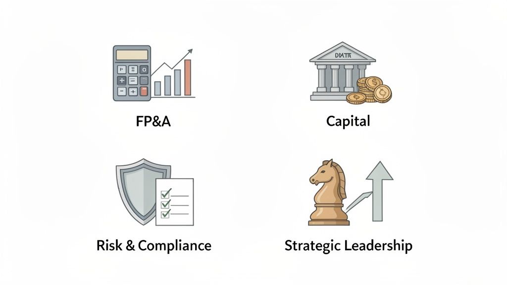 Visual representation of key CFO responsibilities: FP&A, Capital, Risk & Compliance, Strategic Leadership.