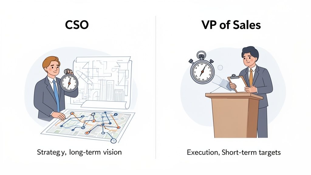Illustration comparing CSO's strategic long-term vision with VP of Sales' focus on execution and short-term targets.