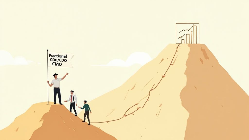 A seasoned executive confidently leading a meeting with a younger team, pointing at data on a screen.