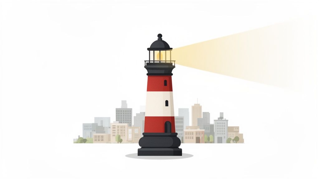 A vibrant red and white lighthouse casting a bright light beam over a stylized urban city skyline.