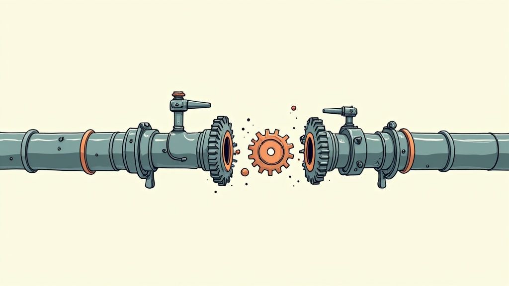 A team collaborating around a digital whiteboard, using virtual sticky notes to map out a customer onboarding workflow.
