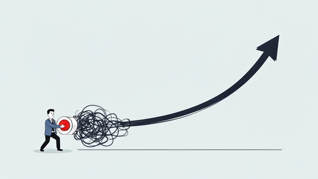 Businessman transforming a tangled mess from a target into a clear, upward growth arrow.