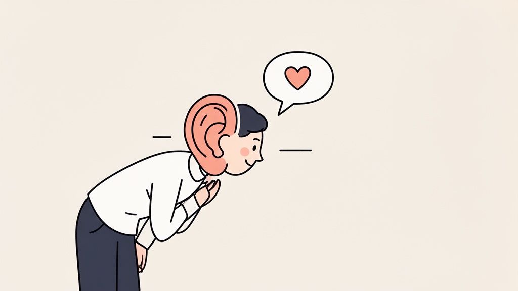 Illustration of a person with an oversized ear actively listening with empathy, shown by a heart icon.