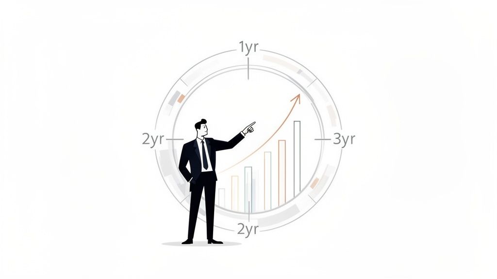 Businessman pointing at a bar chart with an upward trend, indicating financial growth over a timeline.