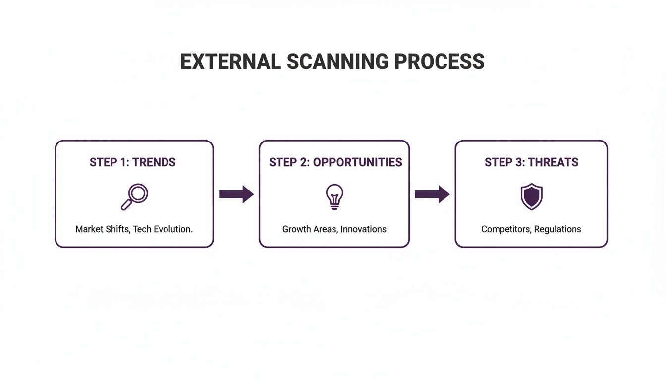 A diagram illustrating the external scanning process for strategic analysis, showing steps for trends, opportunities, and threats.
