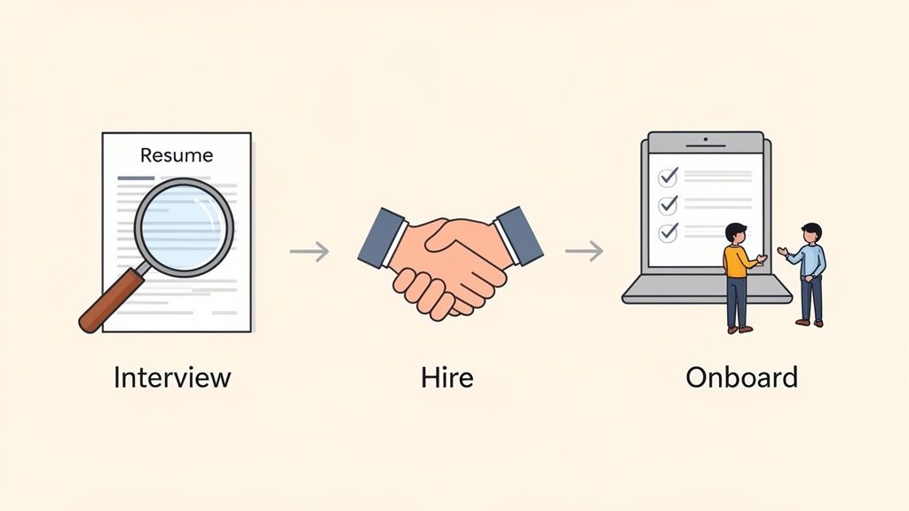 Illustration depicting the three steps of the hiring process: interview, hire, and onboard.