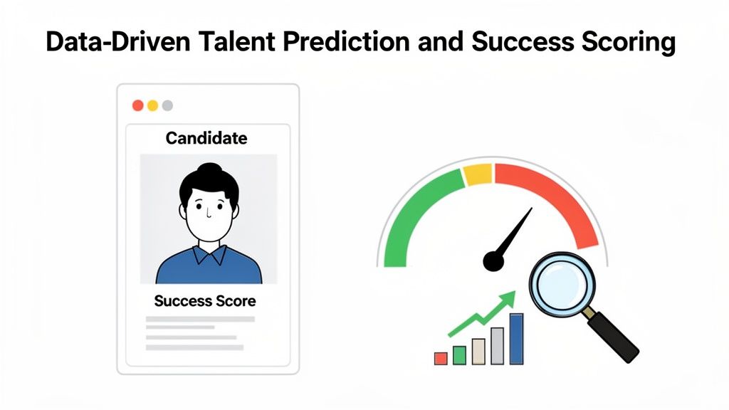 Illustration of data--driven talent prediction and success scoring, showing a candidate profile and performance metrics.