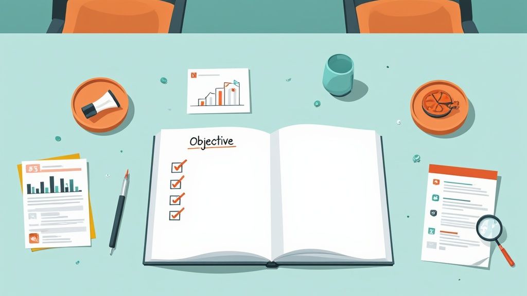Top-down view of a desk with an open notebook showing 'Objective' and a checklist, surrounded by planning documents and tools.