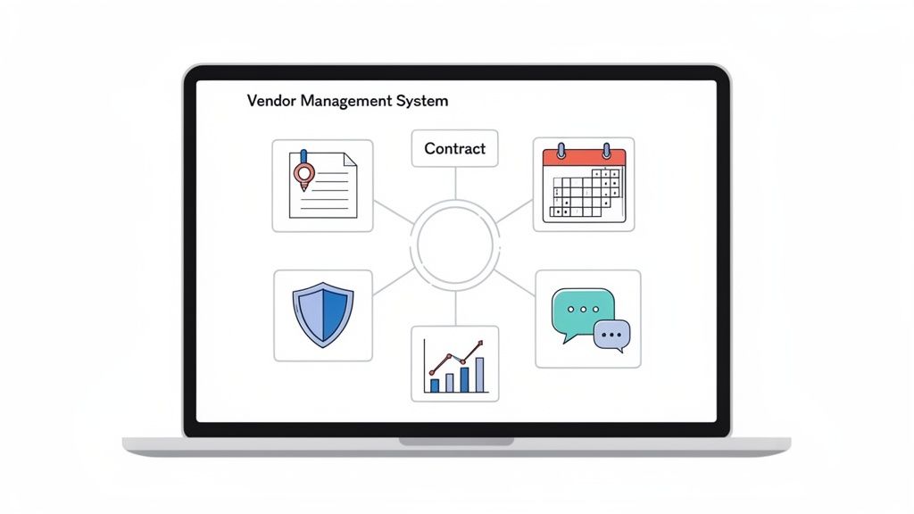Laptop screen with Vendor Management System modules: contracts, calendar, communication, analytics, and security.