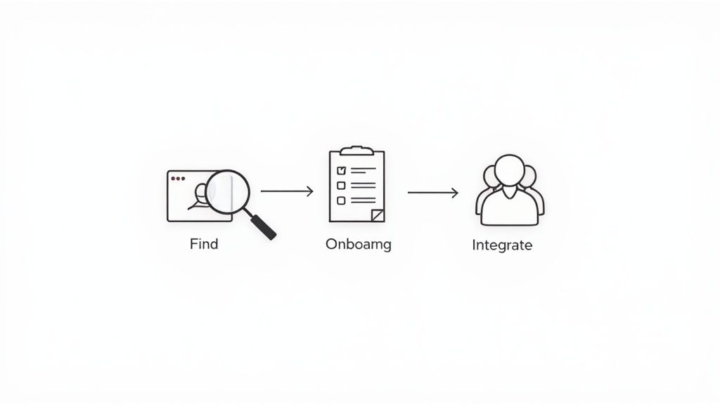 A three-step process diagram with icons representing finding, onboarding, and integrating new members.