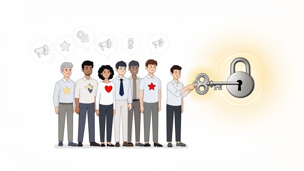 Diverse team collaborating, holding a key to unlock a padlock, symbolizing problem-solving and access.