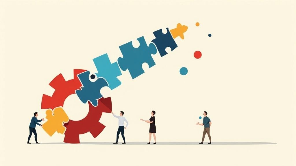 A diverse team collaboratively builds a rocket-like structure from puzzle pieces and a large red gear.