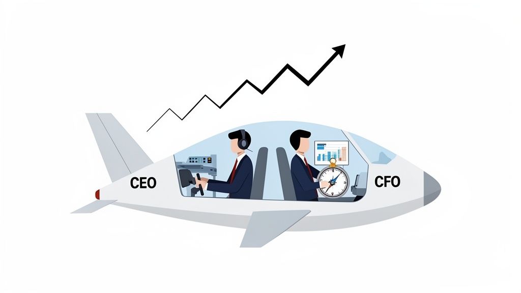 Illustration of CEO and CFO piloting a business plane, symbolizing financial growth and strategic direction.