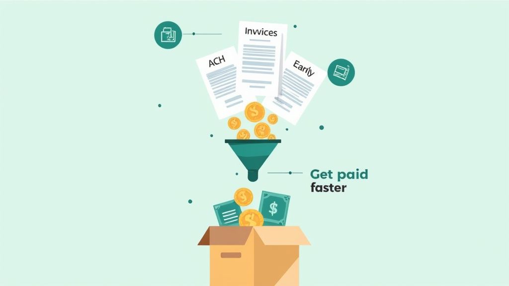 Illustration showing invoices and money flowing into a funnel, resulting in faster payments in a box.