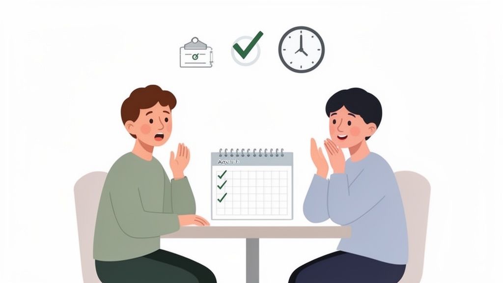 Two men discussing at a table with planning icons and a calendar showing a completed agenda.