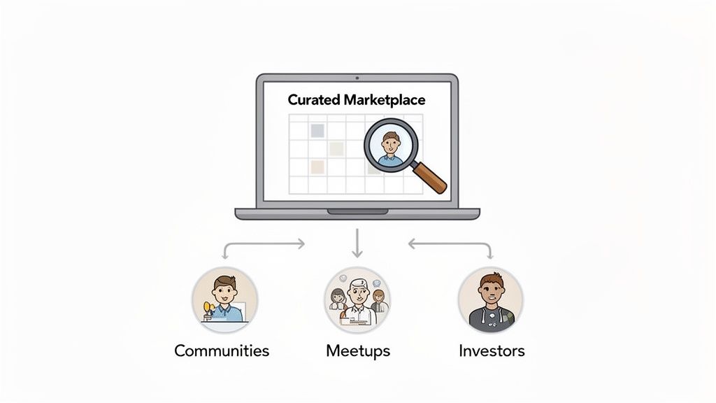 A diagram of a 'Curated Marketplace' on a laptop screen connecting to 'Communities', 'Meetups', and 'Investors' below.
