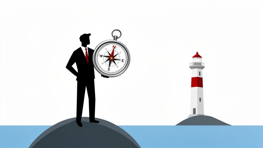A businessman silhouette holds a large compass on an island, with a lighthouse in the distance.