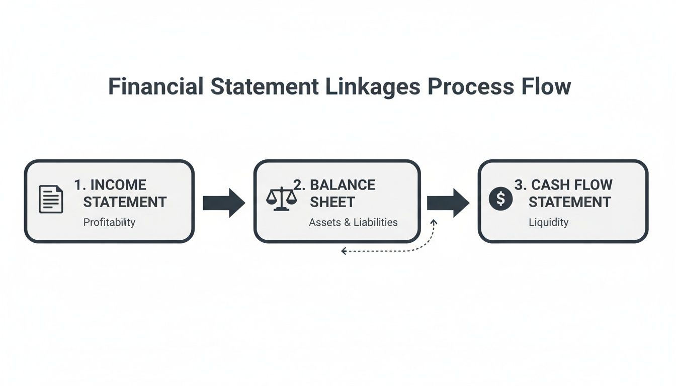 Flowchart showing the linkages between Income Statement, Balance Sheet, and Cash Flow Statement, detailing profitability, assets, and liquidity.