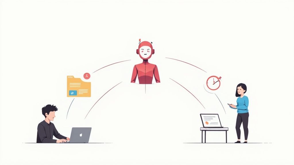 An AI robot connects two individuals working with documents and managing time on laptops, symbolizing automation.