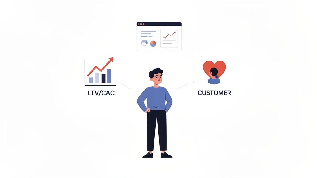 A person looking at LTV/CAC metrics, customer satisfaction, and a data dashboard.