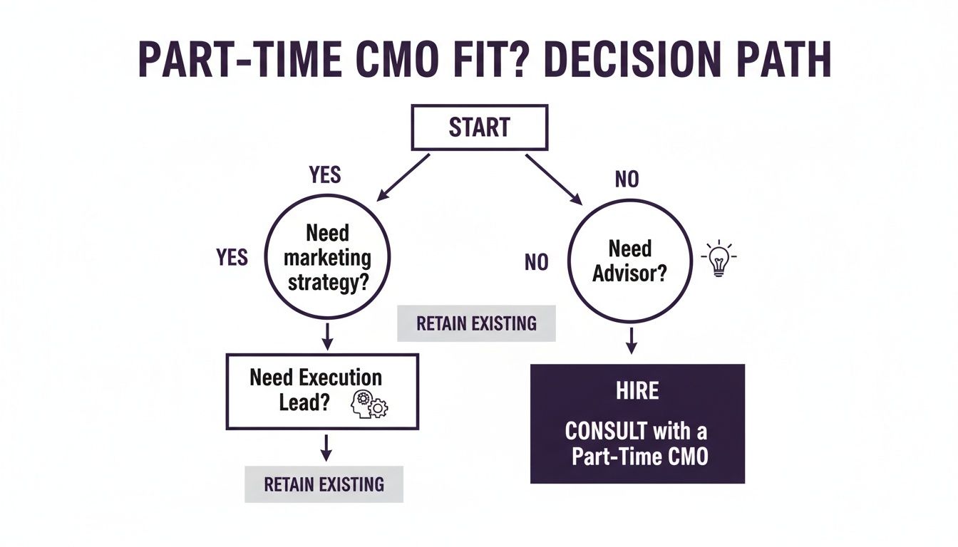 Decision path flowchart for assessing if a part-time CMO is the right fit for marketing needs.