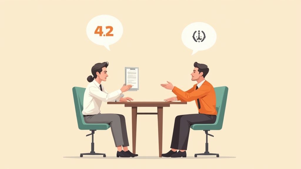 Two men in a business meeting, one holding a contract, discussing terms at a table.