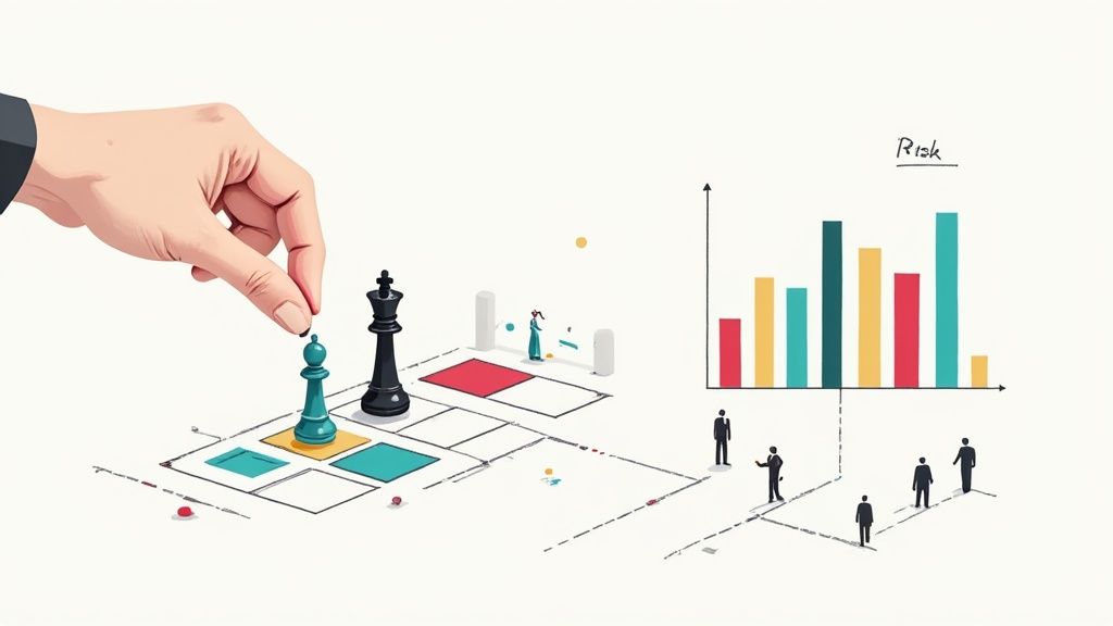 A hand moves a chess bishop, symbolizing strategic decision-making and risk management with a bar chart.