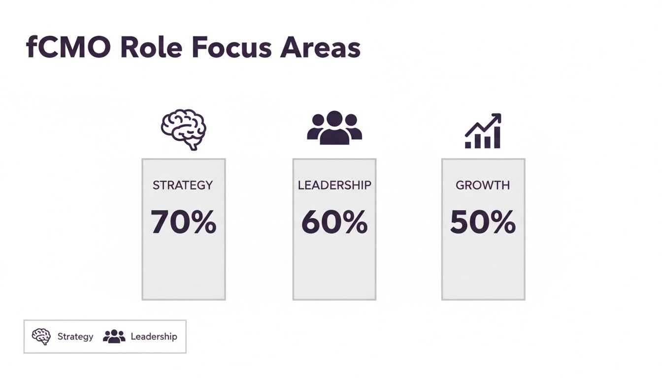 Infographic details fCMO role focus areas: strategy (70%), leadership (60%), and growth (50%).