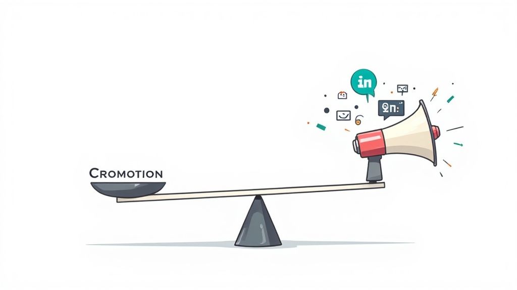 An illustration showing a scale with a megaphone broadcasting digital and social media icons outweighing 'CROMOTION'.