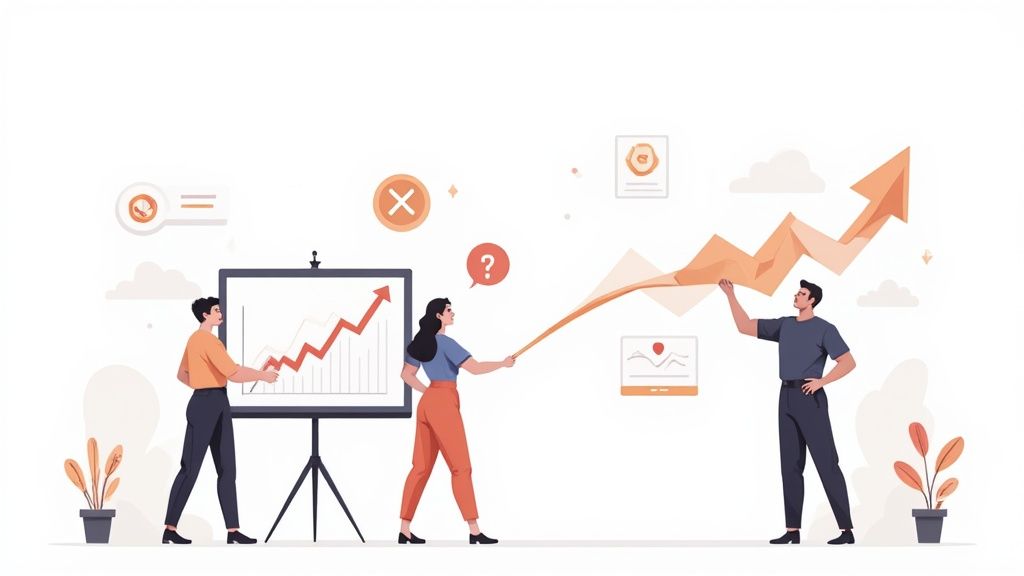 Three diverse business people collaborate to visualize growth on a rising arrow graph.