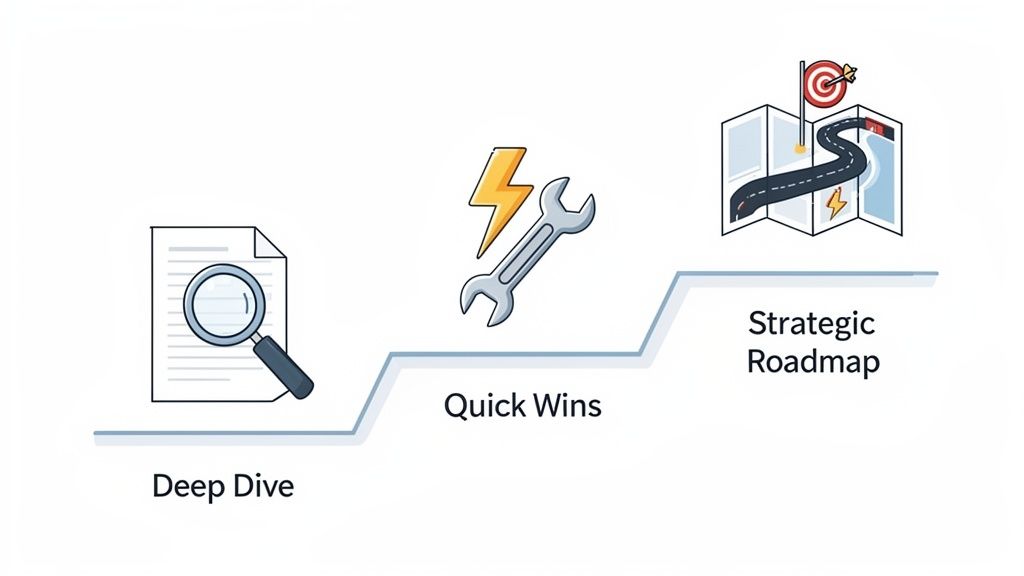 A three-step strategic process diagram showing Deep Dive, Quick Wins, and Strategic Roadmap.