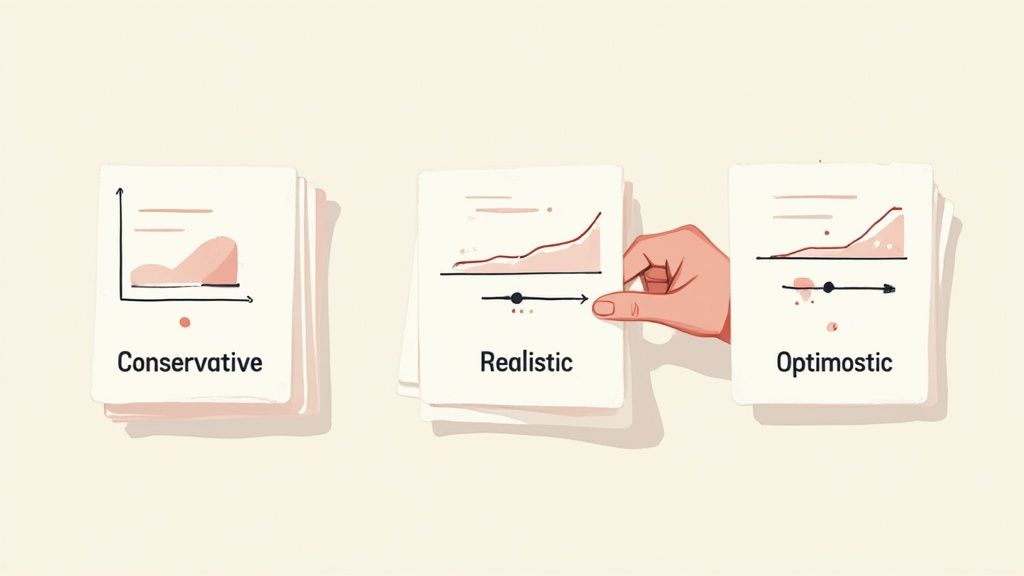 A person using a laptop with various charts and scenario planning models displayed on the screen.