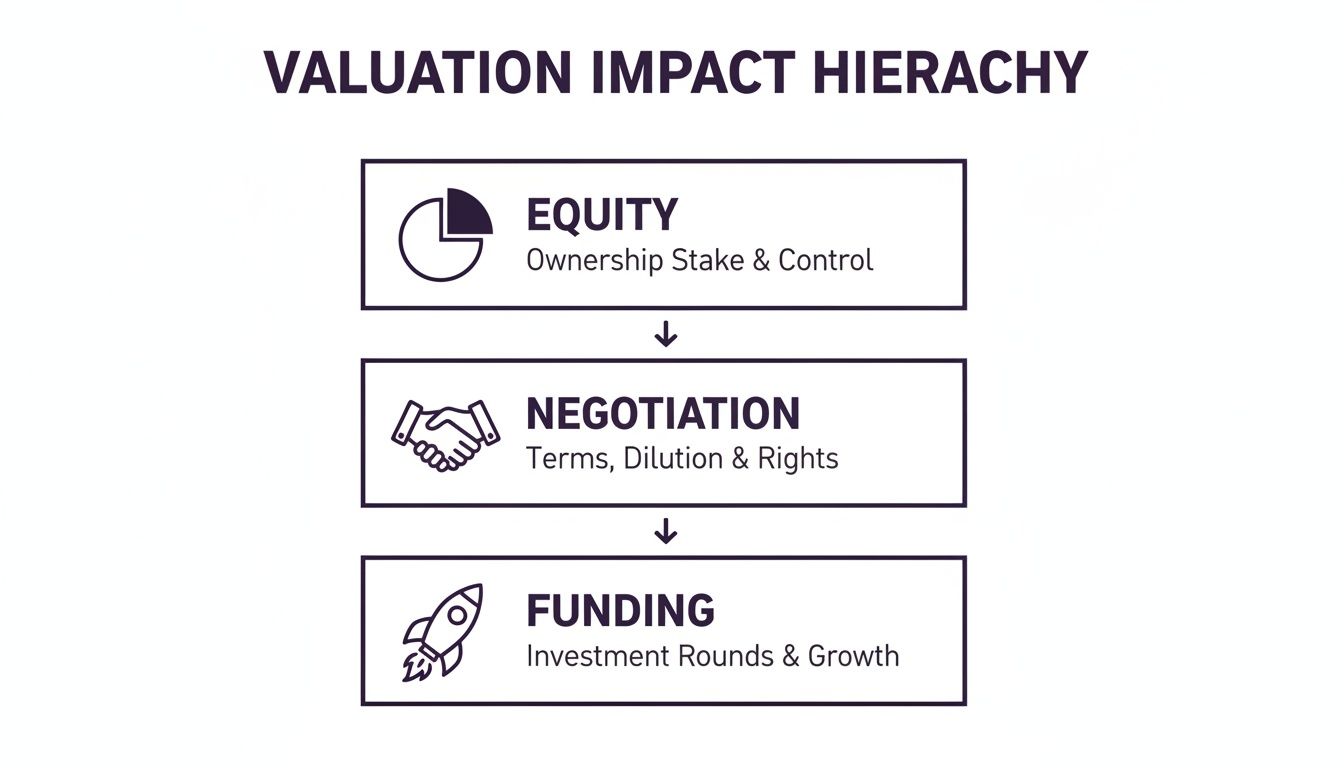 A diagram illustrating the Valuation Impact Hierarchy, detailing Equity, Negotiation, and Funding stages.
