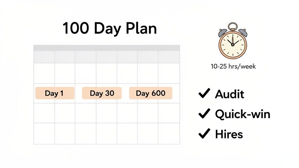A visual representation of a 100 Day Plan, showing timeline milestones and strategic checklist items.