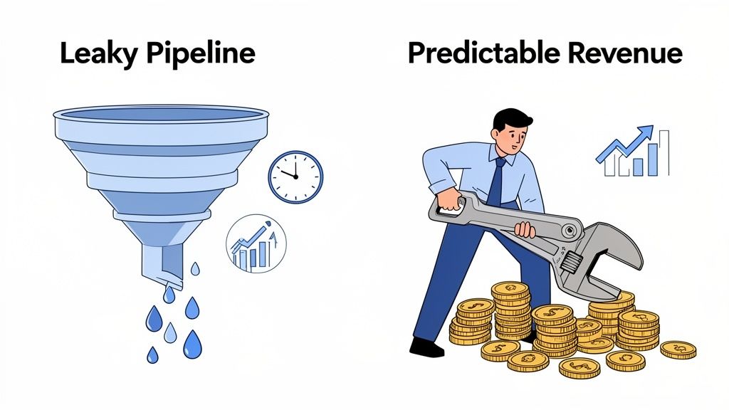 Illustration contrasting a leaky sales pipeline with lost revenue against a predictable system for generating wealth.