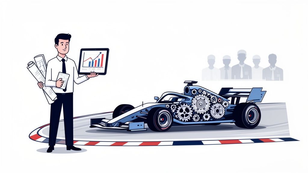 Illustration of an engineer with data and blueprints next to a formula car with gears, representing sales strategy and performance.