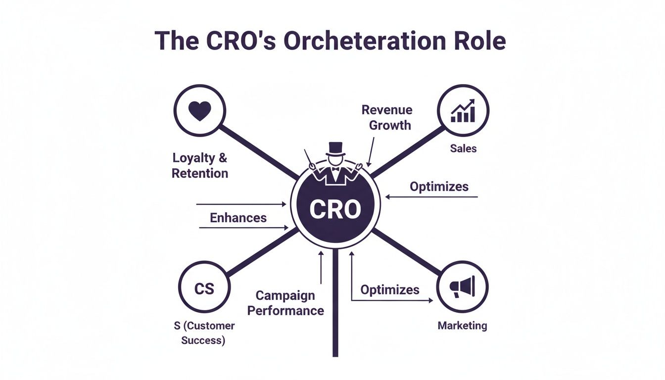 Diagram showing the Chief Revenue Officer's role orchestrating sales, marketing, customer success, and loyalty for revenue growth.